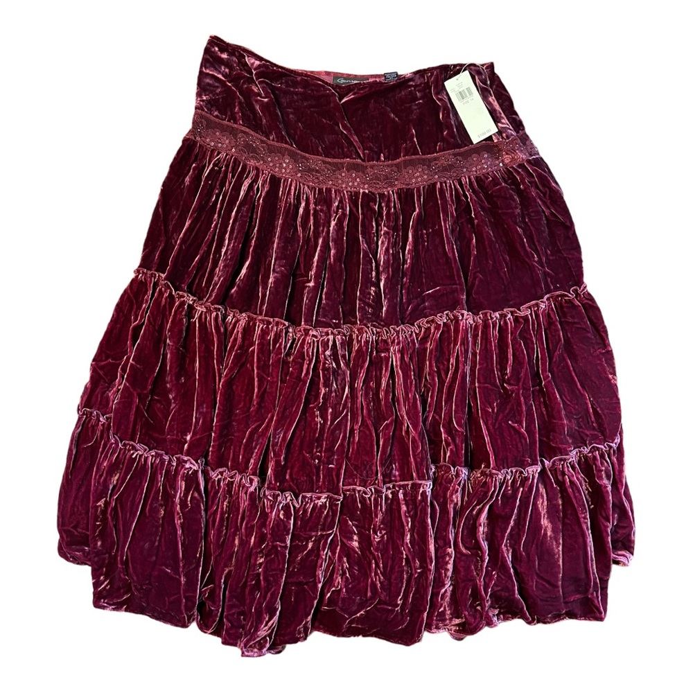 🆕 NWT rayon silk velvet maroon ruffled full skirt lace sequins boho sz 14